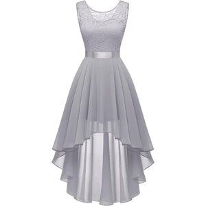 BeryLove Women Grey Chiffon Scoop Neck Sleeveless Lace Cocktail Dress